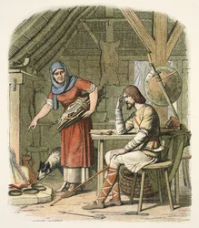 Alfred in de hut van de veehouder, ca. AD 878, uit A Chronicle of England BC 55 to AD 1485, pub. London