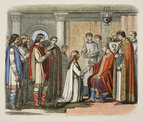 Doop van koning Guthorm, 878 na Christus, uit A Chronicle of England BC 55 to AD 1485, pub. Londen