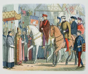 Karel VI van Frankrijk en Hendrik V van Engeland verwelkomd door de geestelijkheid, Parijs, 1420