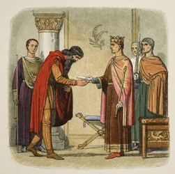 Henry machtigt Dermod om troepen te werven, 1170, uit A Chronicle of England BC 55 to AD 1485, gepubliceerd in Londen, 1863