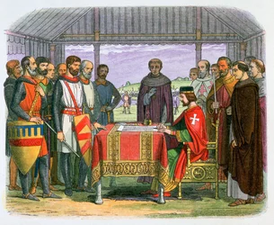 Illustratie van koning Jan die de Magna Carta ondertekent, 19e eeuw