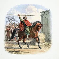 De hogepriester Coifi ontwijdt de tempel van de afgoden, 627 AD, uit A Chronicle of England BC 55 to AD 1485, pub. London, 1863