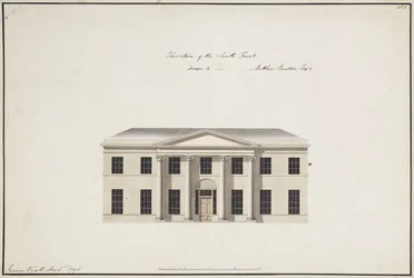 Soho House: Plattegrond van de begane grond; Plattegrond van de slaapkamerverdieping; Elevatie van de zuidkant, ontwerp A, Elevatie van de zuidkant, ontwerp B, en Elevatie van de noordkant, 1796