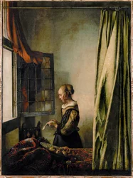 Vrouw leest een brief bij het open raam (olieverf op doek)