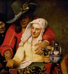 Een man houdt een munt voor aan een vrouw die haar borst aanraakt, detail uit De koppelaarster
