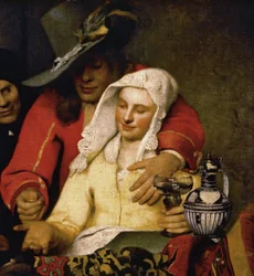 Detail uit „De koppelaarster” - Portret van een jonge galant en de courtisane - Schilderij van Johannes (of Jan) Vermeer (1632-1675), 1656, Gemäldegalerie Alte Meister, Dresden