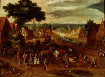 Een dorp met reizigers buiten een herberg