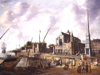 Een mediterrane haven met elegante figuren op de kade en schepen op zee in de verte