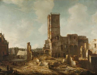 De ruïnes van het oude stadhuis van Amsterdam na de brand van 7 juli 1652
