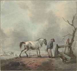 Landschap met een waterende man, paard en hond
