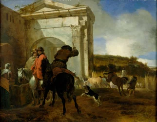 Italiaans landschap met ruiters bij een bron