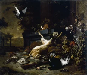 Stilleven met wild, waaronder een haas, korhoen en patrijs, een toekijkende spaniël en een vliegende duif, ca. 1680