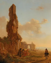 Een Italianiserend landschap met ruïnes