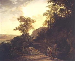 Een Italiaans bebost landschap met reizigers die een stroom oversteken op een bergpas