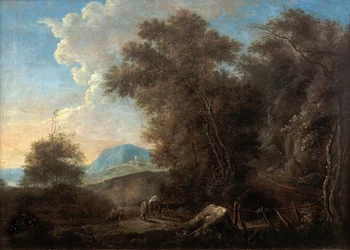 Dutch: Rotsachtig landschap met reizigers en voetgangersbrug Rocky landscape with passengers and footbridge