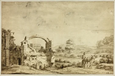 Italiaans landschap met ruïnes, vrouw en ezel