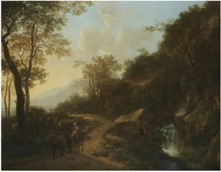 Italianiserend landschap met reizigers die een rivier oversteken