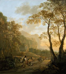 Landschap met rustende reizigers en ossenkar