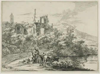 Landschap met Ruïnes en Twee Koeien aan de Waterkant, uit een serie van vier horizontale Romeinse Landschappen