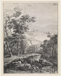 Landschap met vrouw rijdend op een muilezel langs de Aqua Negro tussen Bologna en Florence