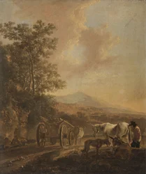 Herder met ossenkar in een Italianiserend landschap