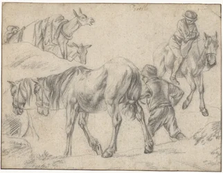 Studieblad met figuren, paarden en ezels