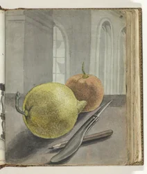 Stilleven met vruchten, mes en potlood