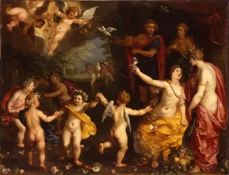 Allegorie van de liefde: Venus met een paar vastgebonden duiven, met Ceres, Apollo en Diana, omringd door dansende putti, in een landschap