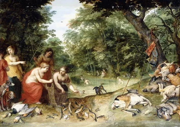 Een Allegorie van de Elementen, Aarde, Lucht en Water: Nimfen die Baden in een Bosrijke Open Plek met Trofeeën van de Jacht in de Buurt, c.1621