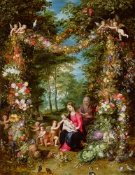 De Maagd en het Kind met de jonge Sint-Jan de Doper, Sint-Anna en engelen, omgeven door een krans van bloemen en fruit