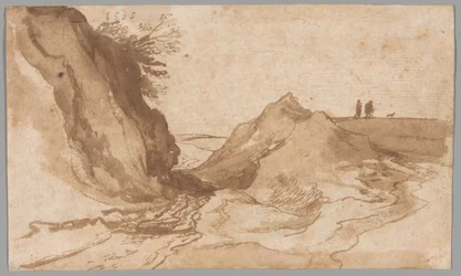 Een heuvelachtig landschap met figuren bij een ravijn
