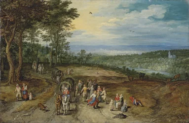 Een uitgestrekt boslandschap met reizigers op een pad en dansende boeren op de voorgrond / Landschap met reizigers en boeren op een pad
