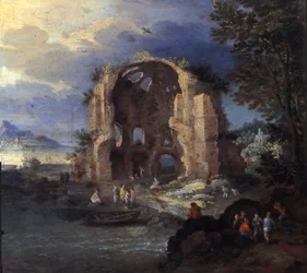 Kustlandschap met vissers en ruïnes van de Tempel van Minerva Medica
