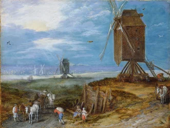 Dutch: Uitgestrekt landschap met molens, boeren en karren op de voorgrond Extensive landscape with mills, peasants and carriages in the foreground