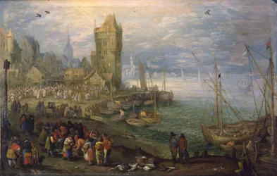 Dutch: Vismarkt bij een haven Fish market near a harbor