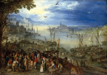 Duits: Fischmarkt am Ufer eines Flusses Vismarkt aan de oever van een rivier