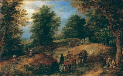 Landschap met reizigers op een bosweg, ca. 1607