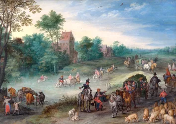 Reizigers op een landweg met vee en varkens