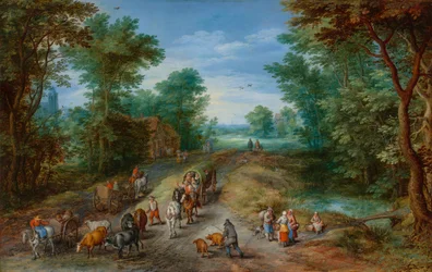 Boslandschap met reizigers