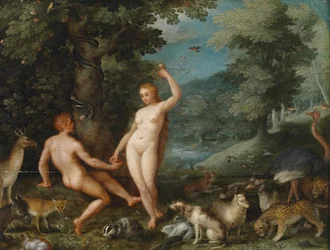 Paradijslandschap met Eva die Adam Verleidt
