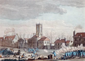 Slag voor de Eglise de la Chapelle, Parijs, tussen de bewakers van de barrières van de Fermiers Generaux en de revolutionairen op 24 januari 1791, ca.1795