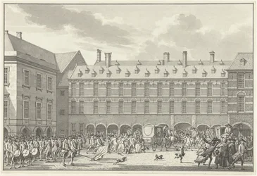Ongeregeldheden als de Gedeputeerden van Dordrecht door de Stadhouderspoort rijden op het Binnenhof, 1786