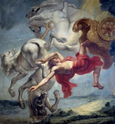 De val van Phaëton: niet in staat de wagen van Helios te besturen, wordt Phaëton door Zeus getroffen door de bliksem en valt hij in de rivier de Eridan - Schilderij van Jan Carel van Eyck (1649-ca. 1690), olieverf op doek, eind 17e eeuw, afmetingen: 197x18