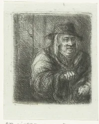 Oude man met mantel en hoed