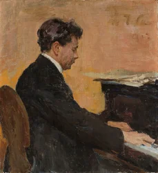 Portret van Józef Hofmann aan de vleugel