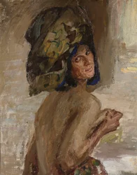 Studie van een vrouw bij het schilderij „Zonsopgang“