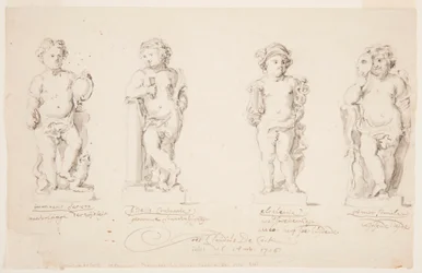 Tekenen, projecten voor standbeelden: "Wijsheid. "Standvastigheid. "Welsprekendheid." "Cupido vermomd.", 1726