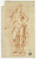 Standbeeld van Juno met scepter en pauw