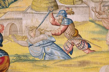 Vlaamse wandtapijt. Serie De verovering van Tunis: Inname van Tunis. Cartonist Jan Cornelisz Vermeyen. Atelier Willem de Pannemaker, Brussel. Ca 1545. (detail)