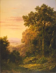 Dutch: Landschap met herten bij zonsopgang / Javaans berglandschap met herten Landscape with deer at dawn